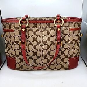 Coach Signature Gallery Tote w/ Red Leather Trim & Handles